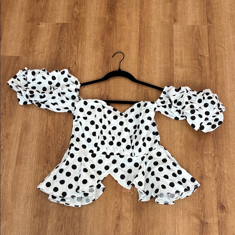 Fashion Nova White and Black Polka Dot Off-Shoulder Blouse